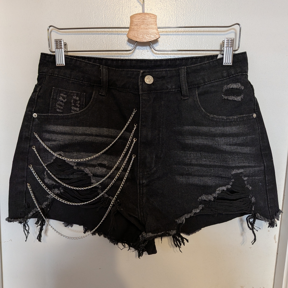 Black Distressed Denim Shorts with Chain Detail